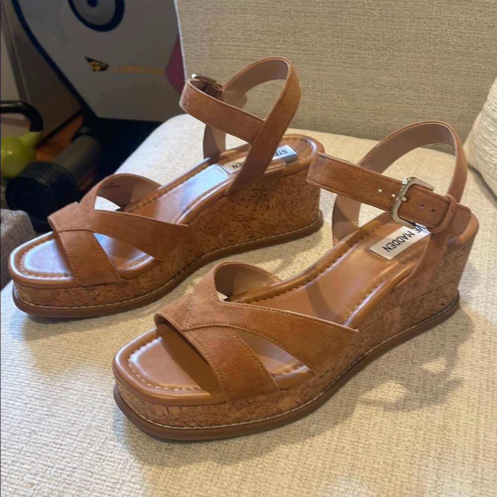 Steve Madden Tan Wedges with Cork Heel and Ankle Strap